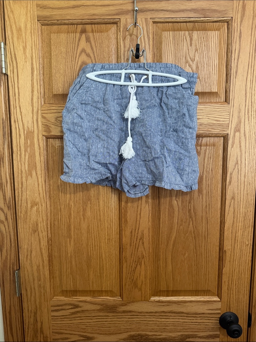 High-Rise Chambray Tassel Drawstring Shorts - Blue